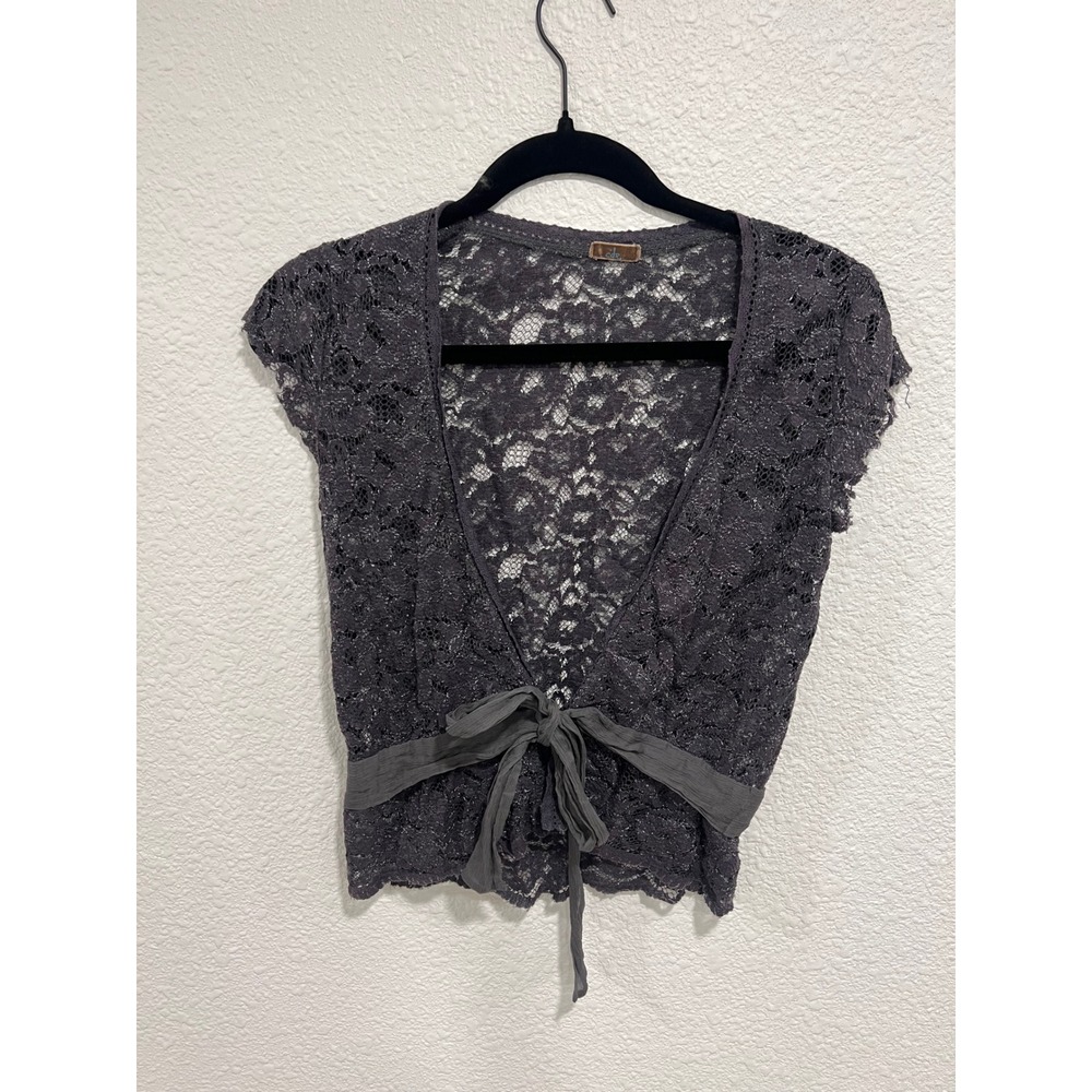 CDR Charcoal Grey Floral Lace Tie Front Shrug Cropped Bolero Cap Sleeve Top
